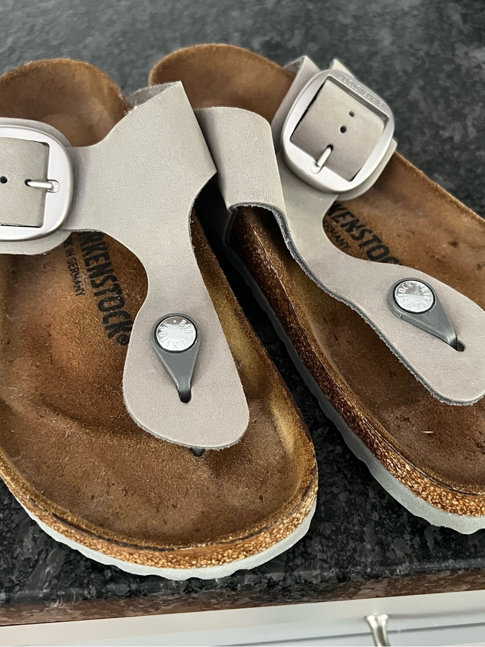 Birkenstock Women's Gizeh Sandals in Light Gray with big Silver Buckles  sz 37